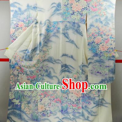 Japanese Traditional Furisode Kimono Clothing Wedding Bride Garment Costume Classical Peony Landscape Pattern Beige Yukata Dress