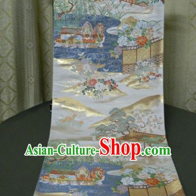 Japanese Handmade Kimono Waistband Classical Yukata Dress Hekoobi Accessories Traditional Dragon Boat Pattern White Brocade Belt