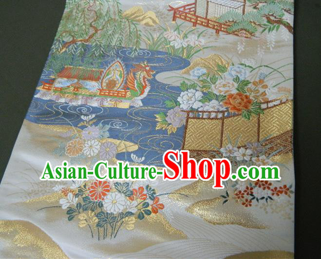 Japanese Handmade Kimono Waistband Classical Yukata Dress Hekoobi Accessories Traditional Dragon Boat Pattern White Brocade Belt