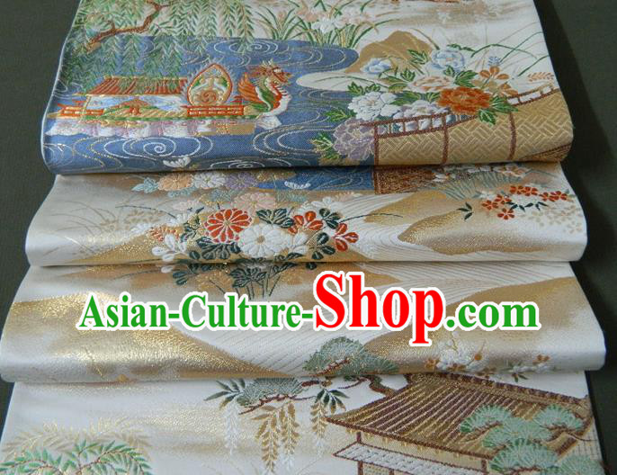 Japanese Handmade Kimono Waistband Classical Yukata Dress Hekoobi Accessories Traditional Dragon Boat Pattern White Brocade Belt