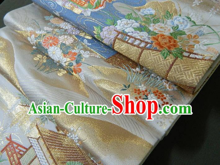 Japanese Handmade Kimono Waistband Classical Yukata Dress Hekoobi Accessories Traditional Dragon Boat Pattern White Brocade Belt