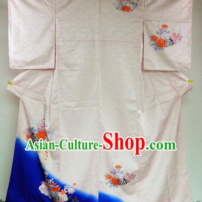 Japanese Young Woman Garment Costume Classical Hydrangea Pattern Light Pink Silk Yukata Dress Traditional Tsukesage Kimono Clothing
