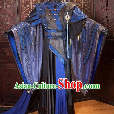 China Cosplay Swordsman Blue Hanfu Clothing Ancient Chivalrous Knight Garment Costumes Traditional Puppet Show Royal Highness Uniforms