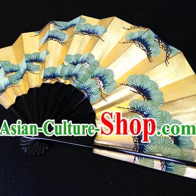 Japan Woman Pine Painting Pattern Accordion Handmade Ebony Fan Traditional Dance Folding Fan Geisha Performance Fan