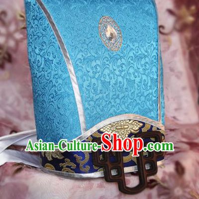 Handmade Chinese Ancient Military Counsellor Blue Hair Crown Cosplay Swordsman Hat