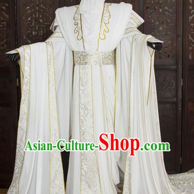 China Ancient Swordsman Garment Costumes Traditional Puppet Show Prince White Uniforms Cosplay Noble Childe Hanfu Clothing