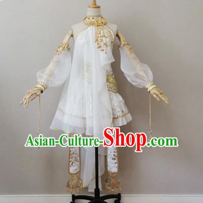 China Ancient Young Lady White Short Dress Outfits Traditional JX Online Female Swordsman Clothing Cosplay Fairy Garment Costumes