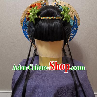 China Ancient Imperial Consort Wigs and Hairpins Headpieces Traditional Puppet Show Huan Ji Hair Accessories Cosplay Young Beauty Headdress
