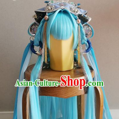 China Traditional Puppet Show Swordswoman Hair Accessories Cosplay Fairy Princess Headdress Ancient Young Lady Blue Wigs and Hair Crown Headpieces