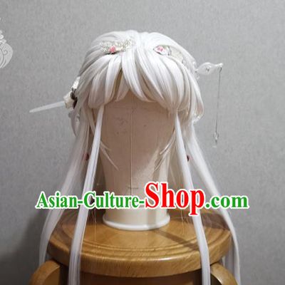 China Cosplay Young Beauty Headdress Ancient Fairy Princess White Wigs and Hairpins Headpieces Traditional Puppet Show Swordswoman Hair Accessories