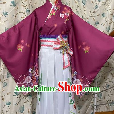 Professional Japanese Classical Wine Red Blouse and Skirt Traditional Summer Festival Kimono Clothing Young Lady Garment Costumes