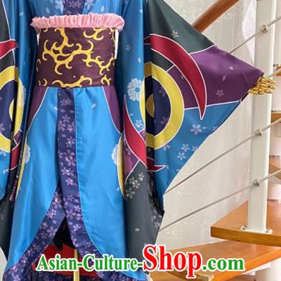 Professional Japanese Young Warrior Garment Costumes Printing Blue Robe Traditional Kimono Clothing