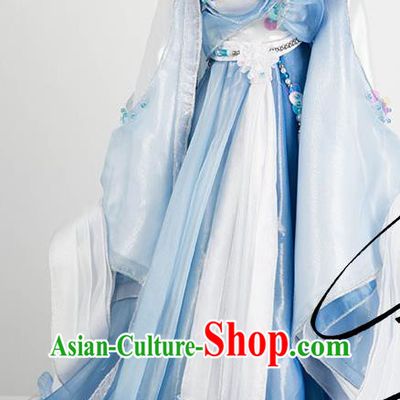 China Traditional Puppet Show Princess Jin Yanxia Hanfu Clothing Cosplay Swordswoman Garment Costumes Ancient Goddess Blue Dress Outfits