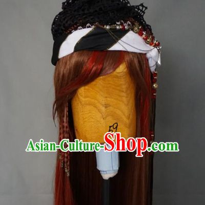 China Cosplay Swordswoman Headdress Ancient Heroine Brown Wigs and Headpieces Traditional Puppet Show Female Warrior Hair Accessories