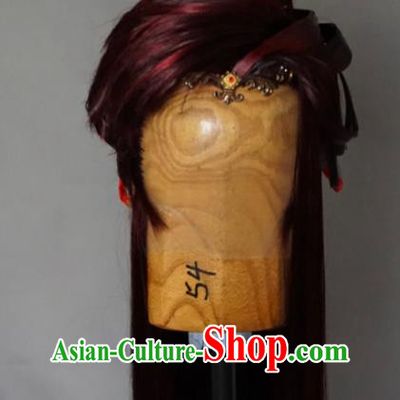 Chinese Cosplay Knight Red Front Lace Wigs and Hair Crown Traditional Puppet Show Swordsman Yi Guichen Hairpieces Handmade Ancient Prince Headdress