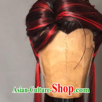 Chinese Handmade Ancient Royal King Headdress Cosplay Monarch Red Wigs and Hair Crown Traditional Puppet Show Swordsman Hairpieces