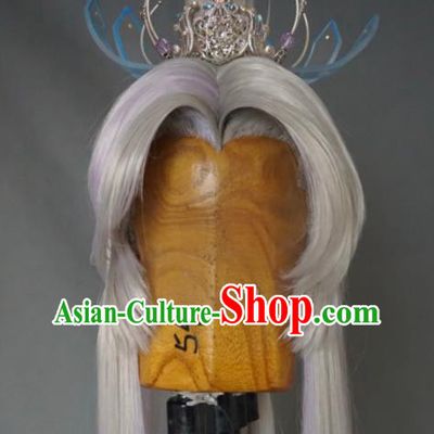 Chinese Traditional Puppet Show Swordsman Ren Piaomiao Hairpieces Handmade Ancient Elderly Male Headdress Cosplay Taoist Priest White Wigs and Hair Crown