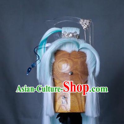 Chinese Traditional Puppet Show Swordsman Hairpieces Handmade Ancient Childe Headdress Cosplay Knight Light Blue Wigs and Hair Crown
