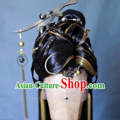 Chinese Cosplay Crown Prince Wigs and Hair Crown Traditional Puppet Show Young Childe Hairpieces Handmade Ancient Swordsman Headdress