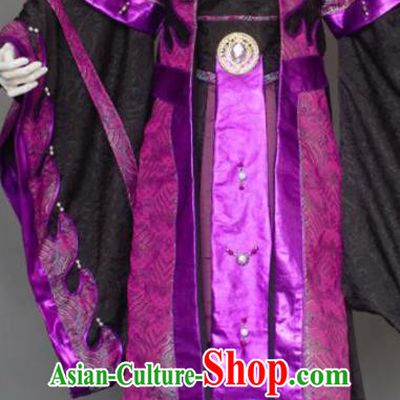 Chinese Traditional Puppet Show Swordsman King Garment Costumes Cosplay Emperor Clothing Ancient Monarch Purple Uniforms