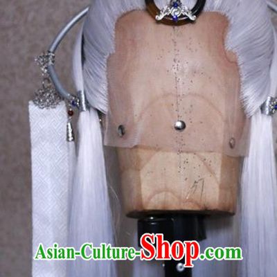 Chinese Traditional Puppet Show Elderly Knight Hairpieces Handmade Ancient Swordsman Headdress Cosplay Taoist Priest Gray Wigs and Hairpins