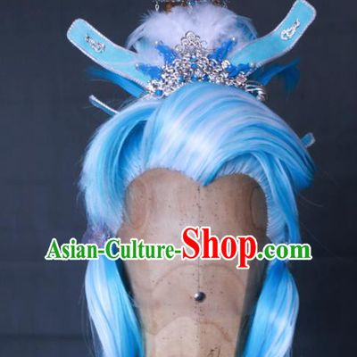 Chinese Handmade Ancient Taoist Priest Headdress Cosplay Swordsman Blue Wigs and Hair Crown Traditional Puppet Show Dragon King Hairpieces