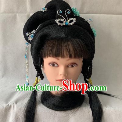Chinese Traditional Opera Young Lady Headdress Beijing Opera Fairy Wigs and Hairpins Hairpieces Peking Opera Hua Tan Hair Accessories