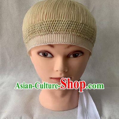 Chinese Beijing Opera Old Dame Beige Wigs Hairpieces Peking Opera Laodan Hair Accessories Traditional Opera Elderly Woman Headdress