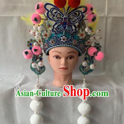 Chinese Peking Opera Swordswoman Blue Butterfly Helmet Traditional Opera Female General Headdress Beijing Opera Wudan Hat