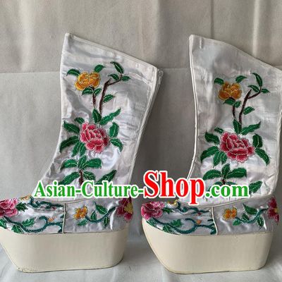 Chinese Traditional Opera Emperor Embroidered Shoes Beijing Opera Xiaosheng Shoes Peking Opera White Official Boots