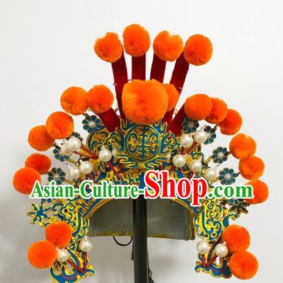 Handmade China Peking Opera Soldier Orange Venonat Hat Beijing Opera Wusheng Helmet Headwear Ancient General Hair Accessories