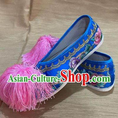Handmade China Wedding Embroidered Shoes Ancient Princess Shoes Peking Opera Hua Tan Royalblue Satin Shoes Beijing Opera Actress Shoes