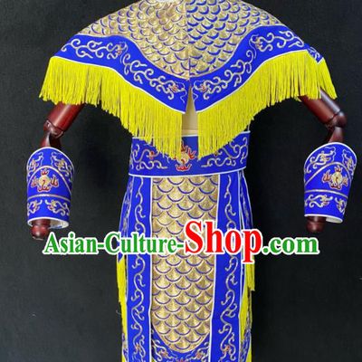Chinese Beijing Opera Wusheng Garment Costumes Peking Opera Swordsman Royalblue Armor Uniforms Traditional Opera Soldier Clothing