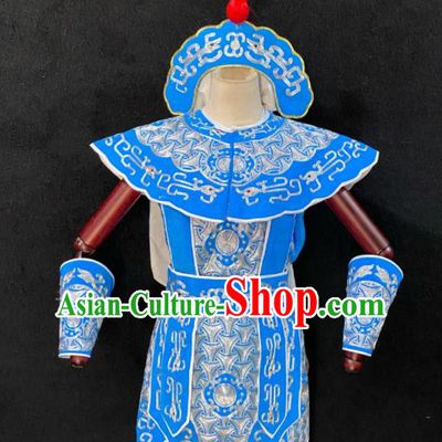 Chinese Traditional Opera Soldier Clothing Beijing Opera Wusheng Garment Costumes Peking Opera Swordsman Blue Armor Uniforms