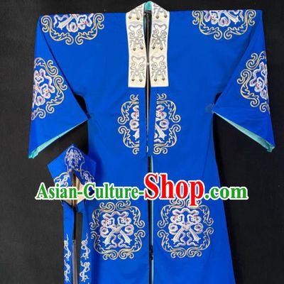 Chinese Shanxi Opera Elderly Male Garment Costume Peking Opera Laosheng Embroidered Blue Cape Traditional Opera Landlord Clothing