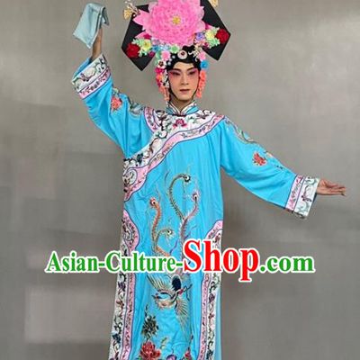 China Beijing Opera Empress Embroidered Blue Dress Traditional Opera Court Beauty Garment Costume Ancient Princess Clothing and Great Wing Headdress