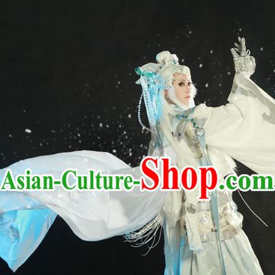 Chinese Traditional Cosplay Swordsman Clothing Puppet Show Yuan Wuxiang Garment Costumes Ancient Taoist Priest White Uniforms and Hairpieces
