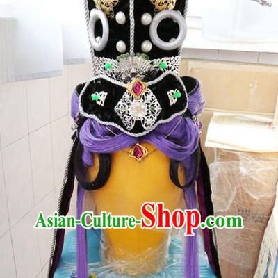 Handmade China Cosplay King Hair Accessories Traditional Puppet Show Swordsman Headdress Ancient Knight Purple Wigs and Hair Crown Hairpieces