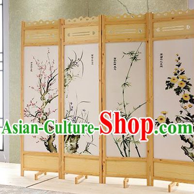 Chinese Handmade Flowers Birds Folding Screen Ink Painting Screens Home Ornaments Wood Carving Craft
