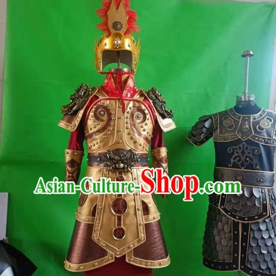 Chinese Traditional Han Dynasty Warrior Armor and Helmet Set Ancient General Garment Costumes