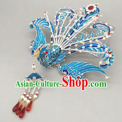 Chinese Traditional Opera Diva Headpiece Huangmei Opera Blue Phoenix Hairpin Beijing Opera Hair Jewelry