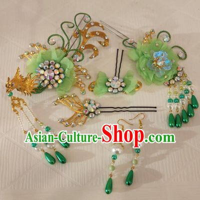 Chinese Traditional Opera Princess Green Hair Accessories Shaoxing Opera Actress Phoenix Hairpins Beijing Opera Hua Tan Headdress