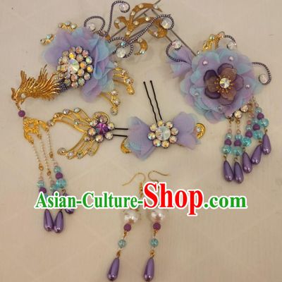 Chinese Traditional Opera Princess Violet Hair Accessories Shaoxing Opera Actress Phoenix Hairpins Beijing Opera Hua Tan Headpieces