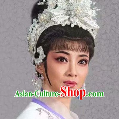 Chinese Huangmei Opera Bai Suzhen Headwear Beijing Opera Actress Headgear Traditional Opera Fairy White Hair Crown