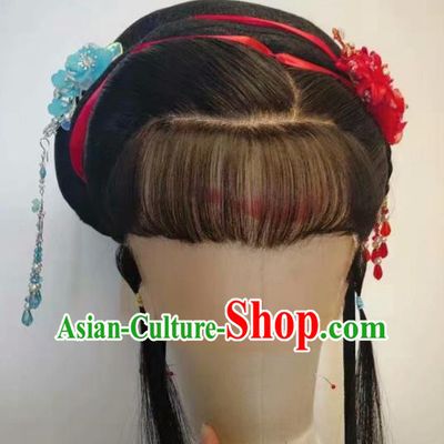 Chinese Beijing Opera Actress Hairpieces Traditional Opera Servant Girl Full Lace Wig Shaoxing Opera Maid Lady Headdress
