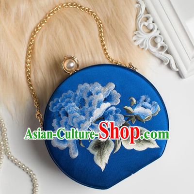 China Cheongsam Evening Bag National Royal Blue Silk Chain Bag Handmade Suzhou Embroidery Peony Handbag