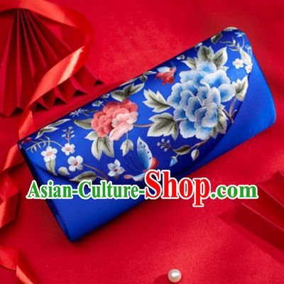 China Handmade Suzhou Embroidery Peony Handbag Evening Bag National Royal Blue Silk Clutch Bag