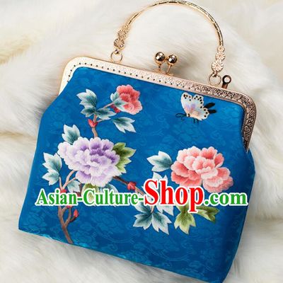 China National Royal Blue Silk Chain Bag Handmade Suzhou Embroidery Peony Handbag Cheongsam Evening Bag