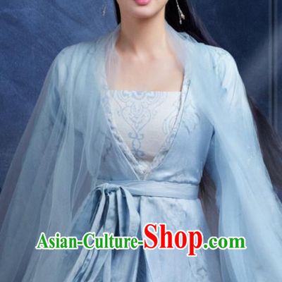 China Romance Drama The Blessed Girl Li Sha Clothing Traditional Cosplay Fairy Blue Hanfu Dress Ancient Swordswoman Garment Costumes and Headpieces