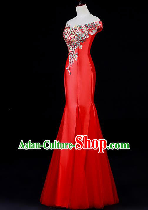 Professional Custom Red Full Dress Dinner Party Formal Garment China New Year Off Shoulder Mermaid Dress Professional Custom Red Full Dress Dinner Party Formal Garment China New Year Off Shoulder Mermaid Dress